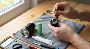 Cleaning flashlight battery contacts with a cotton swab to fix flickering or connection issues.