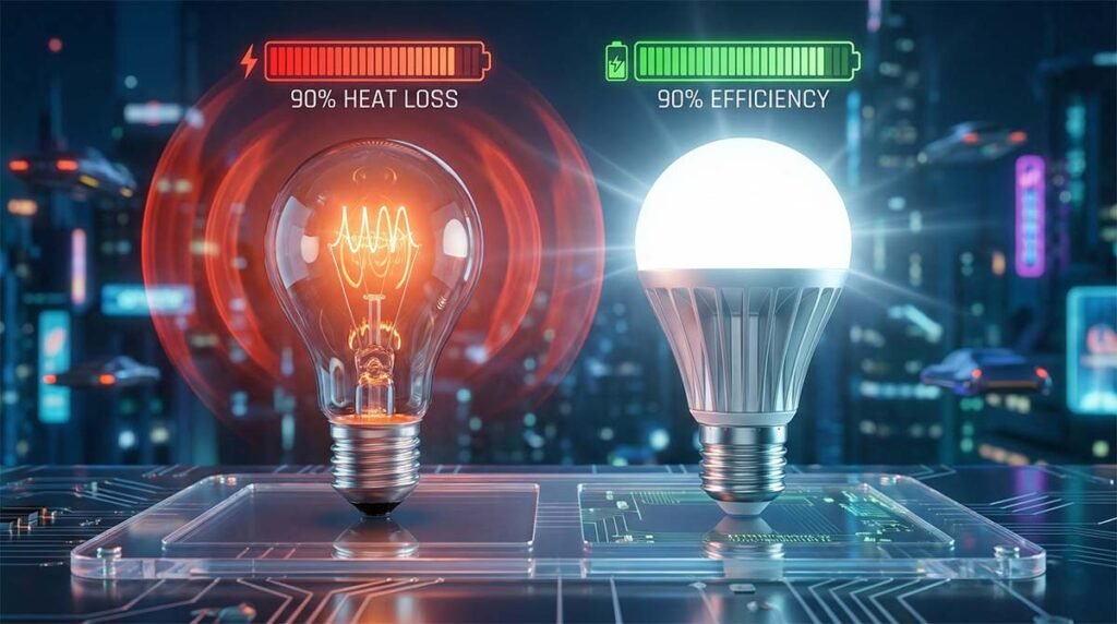 3D visualization chart demonstrating the 90% energy efficiency of LED bulbs compared to the heat waste of traditional incandescent bulbs.