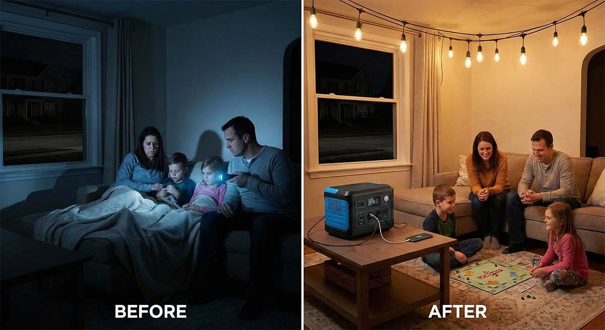 Solar home lighting system illustrating multi-room setup with bulbs in kitchen and living room powered by one central unit.