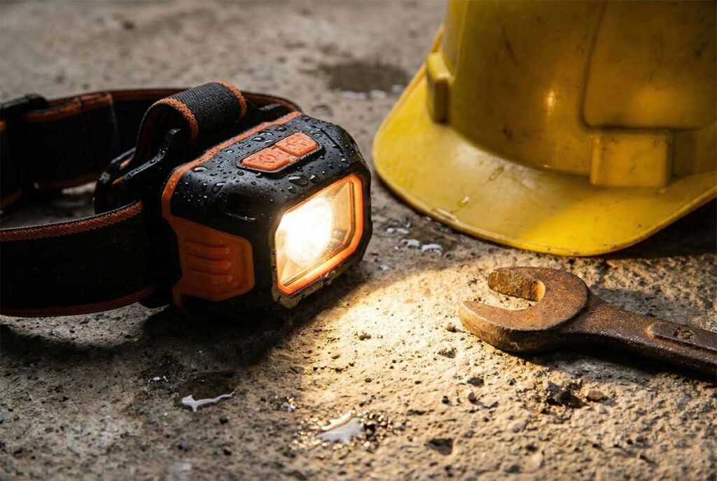 Close-up of a rugged, waterproof industrial headlamp resting on concrete, designed for harsh construction and mining environments.