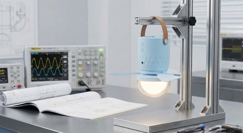 Exploded view of a modern rechargeable fan showing brushless motor and battery engineering in a high-tech R&D lab.