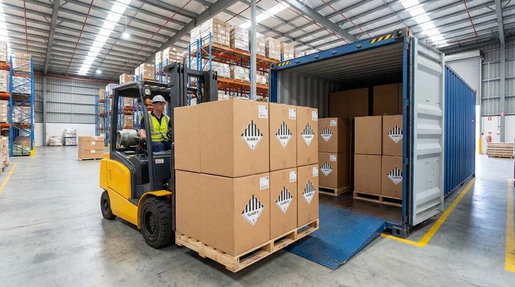 Shipping boxes with Class 9 Dangerous Goods labels ready for export, ensuring compliant shipping of lithium battery products.