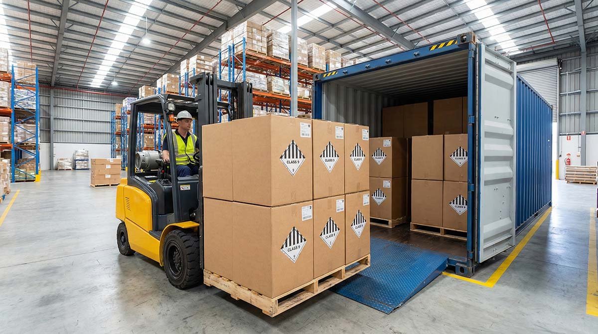 Shipping boxes with Class 9 Dangerous Goods labels ready for export, ensuring compliant shipping of lithium battery products.