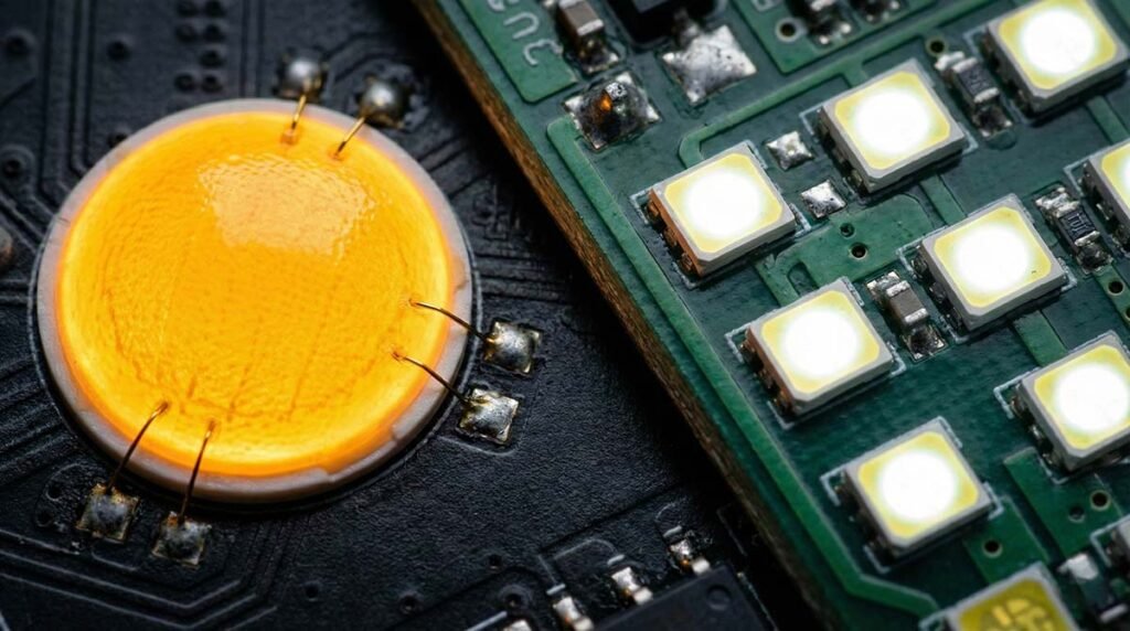 Macro comparison of a yellow COB LED chip versus a board of white SMD LED components for emergency lighting.