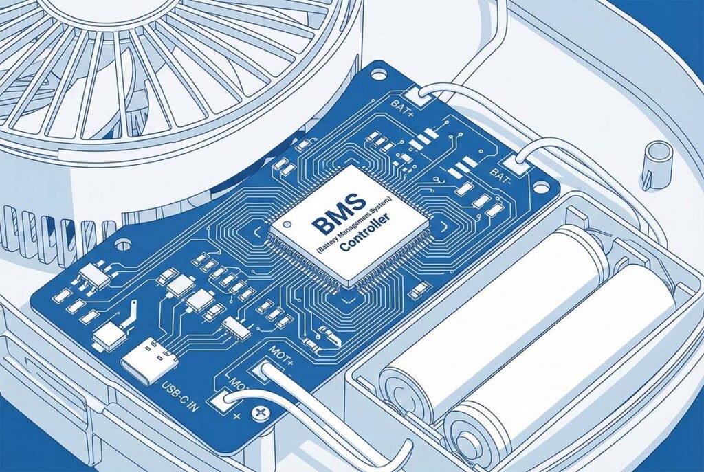 Close-up of internal circuit board showing BMS protection chip and lithium battery connections in a high-quality rechargeable fan.