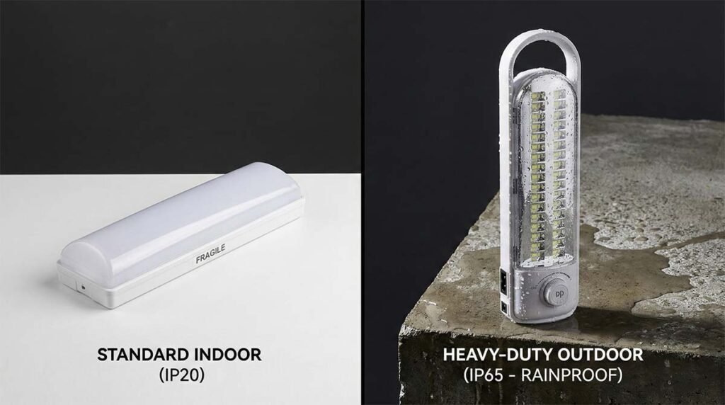 IP65 waterproof testing of an outdoor emergency light showing water resistance compared to standard indoor lights.