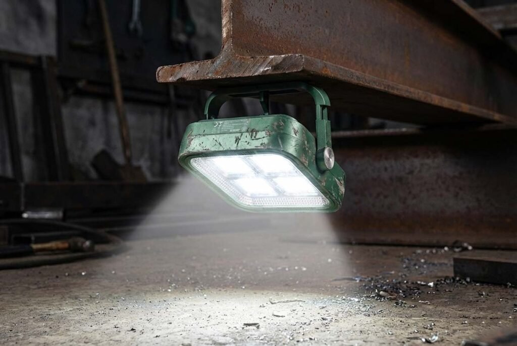 Portable work light attached to a metal beam using a strong magnetic base for hands-free operation.