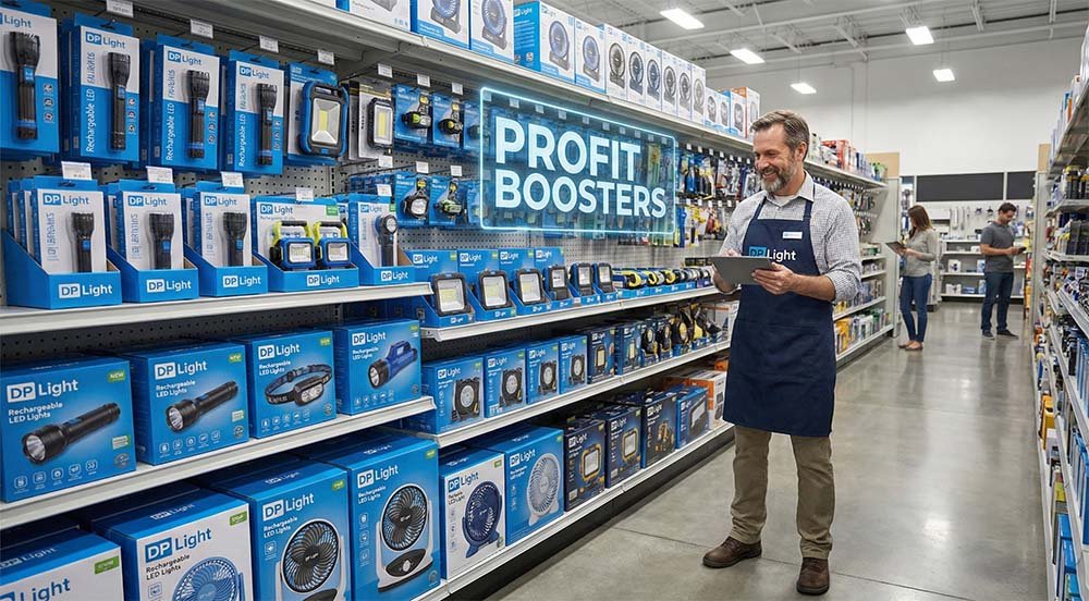 A professional hardware store owner checks stock levels on a tablet in a brightly lit aisle filled with high-profit rechargeable LED lights and portable fans, representing a successful retail business.