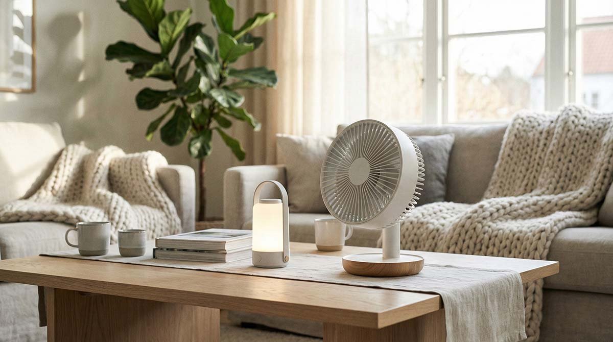 Sleek white rechargeable fan and portable lamp on a modern living room coffee table, blending with home decor