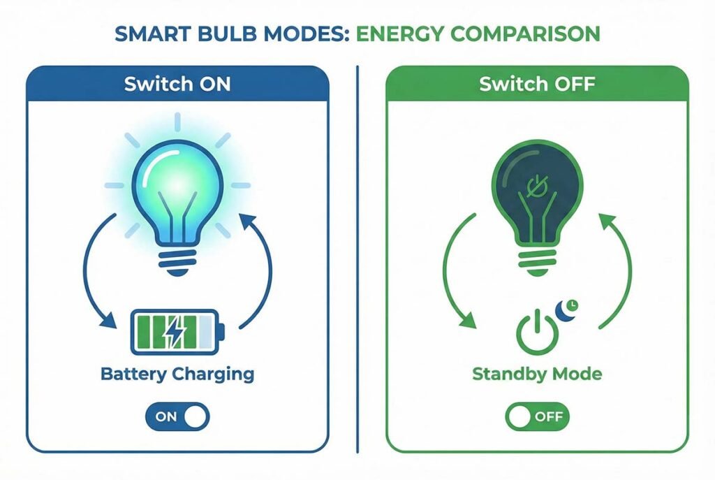 Diagram explaining how rechargeable bulbs charge when the switch is ON versus Standby mode.