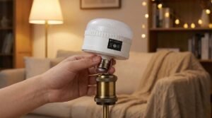 Installing a white rechargeable LED bulb into a standard E27 table lamp socket, demonstrating universal compatibility.