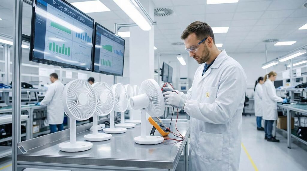 Factory engineer using a multimeter to test rechargeable table fan battery voltage during quality control to ensure durability.