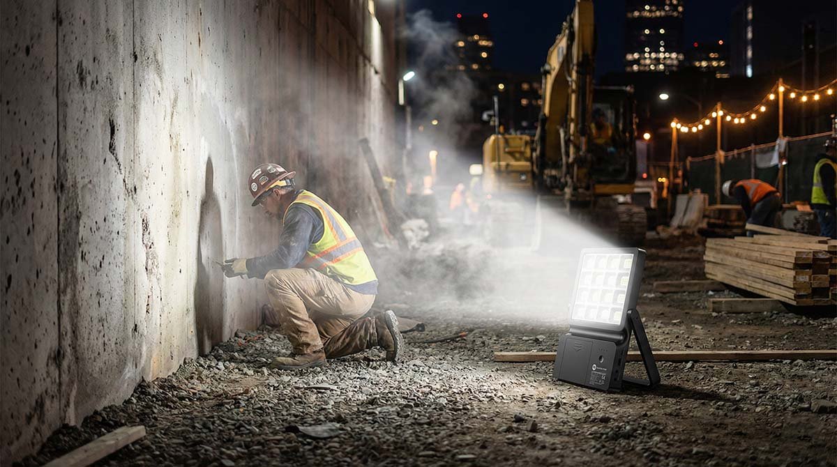Rechargeable LED work light illuminating a construction site at night, cordless and safe.