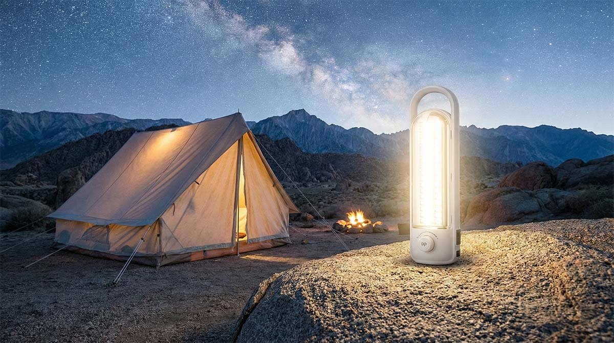 Rugged outdoor emergency light with orange rubberized housing illuminating a campsite, designed for wholesale outdoor gear inventory.