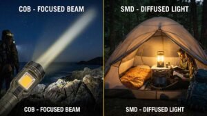 Comparison of COB searchlight long-distance beam versus SMD lantern wide-angle illumination.