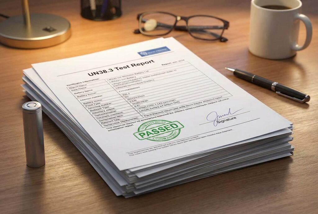 UN38.3 test report and MSDS documents required for safe lithium battery transport.