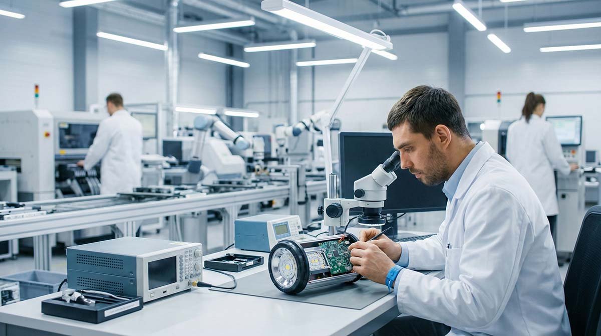 Professional quality control engineers inspecting rechargeable lighting products on a modern DP Light assembly line.