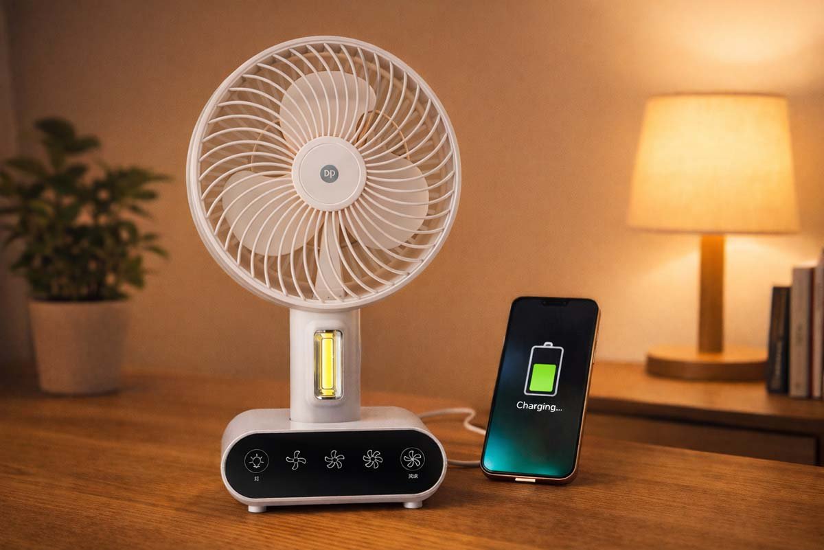 A modern DP Light rechargeable table fan with built-in LED lighting and USB power bank charging a smartphone, showcasing the 3-in-1 trend.
