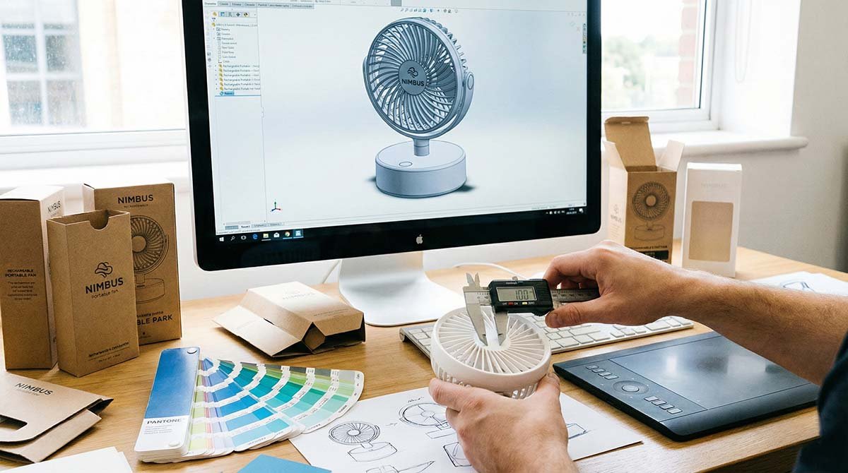 Professional designer adjusting a custom brand logo on a rechargeable fan packaging box, representing OEM private label services.