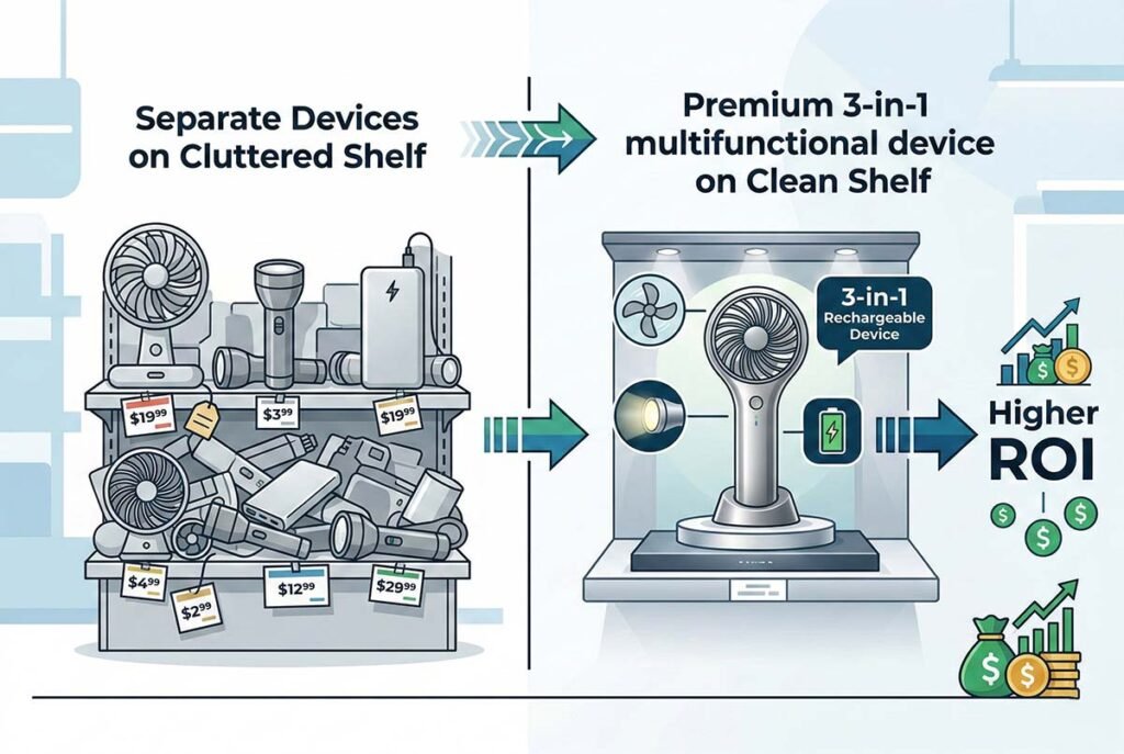 Comparison showing how stocking one multifunctional rechargeable gadget saves retail shelf space compared to stocking three separate items.