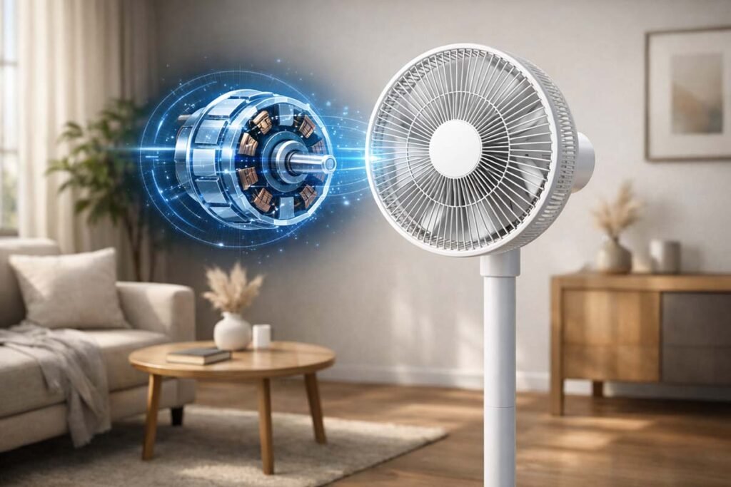 A sleek, premium BLDC rechargeable fan in a modern living room, highlighting the ultra-quiet brushless motor technology.