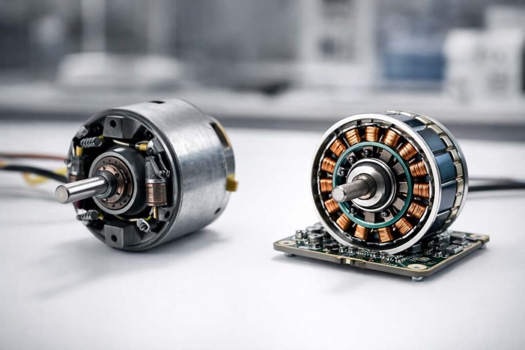 Technical comparison between a traditional brushed DC motor and a high-efficiency BLDC brushless motor for portable fans.
