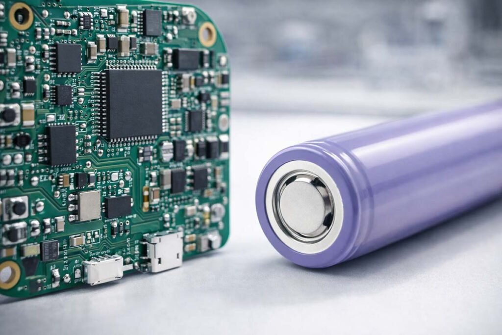 Close-up of a high-quality PCBA board with a Battery Management System (BMS) used in DP Light rechargeable fans to prevent overcharging.