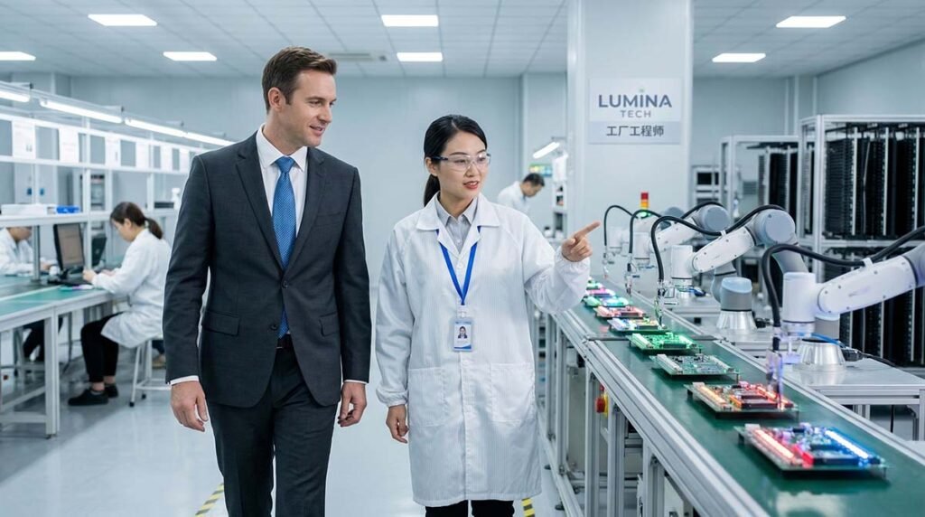 International buyer inspecting an LED lighting production line with an engineer during a factory audit after the Canton Fair.