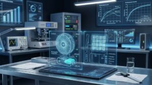 A professional whitepaper cover concept showing blueprints and testing data for rechargeable LED lights and fans.
