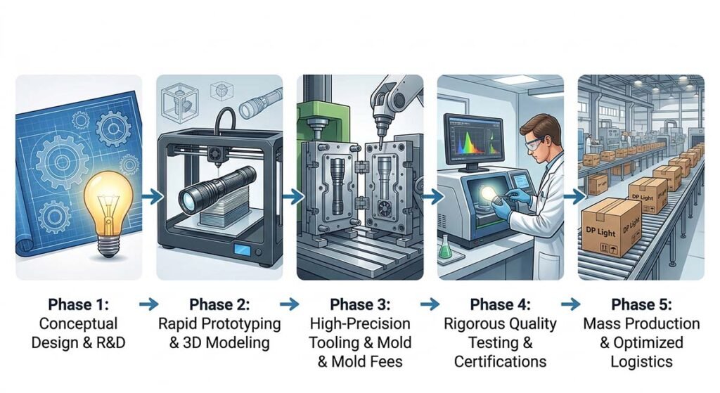 A comprehensive 5-step infographic flowchart illustrating DP Light's ODM process for portable emergency lights, including conceptual design, 3D prototyping, high-precision tooling, rigorous quality testing, and mass production.