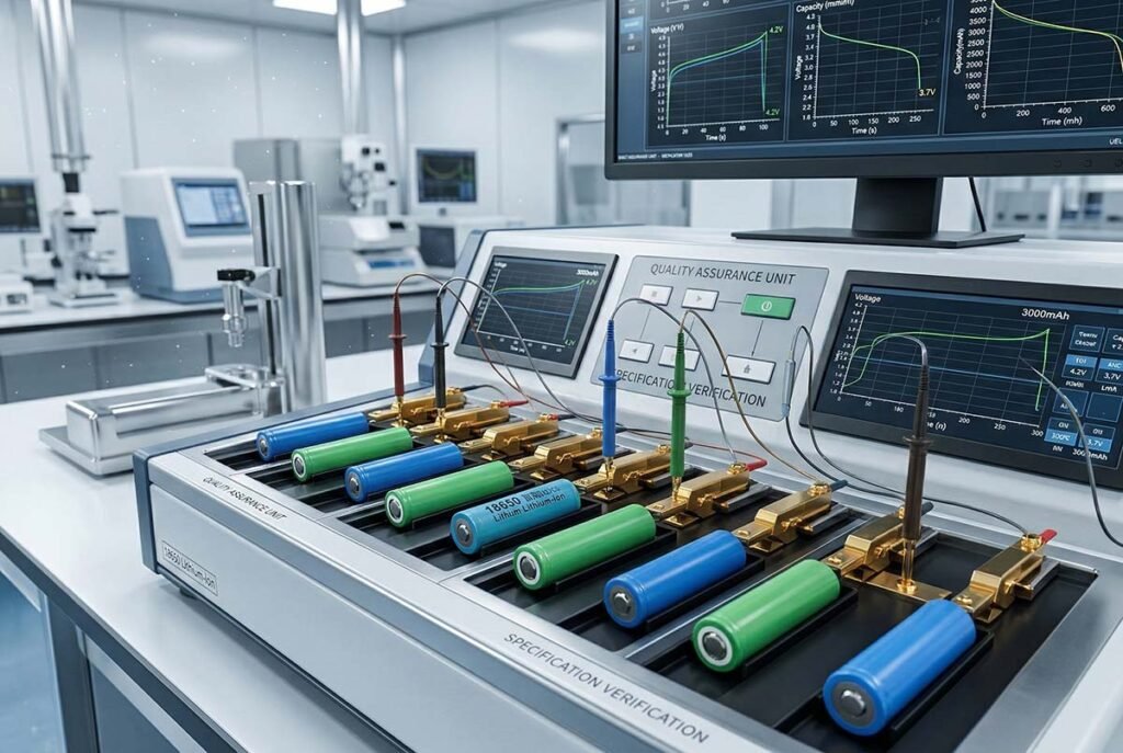 Professional battery testing equipment in a lab used to verify the true mAh capacity of rechargeable lights and prevent fake specs.