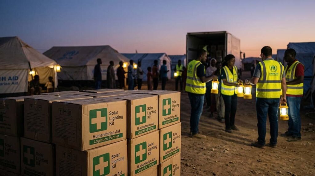 NGO aid workers distributing DP Light emergency solar lighting systems to disaster relief tents.