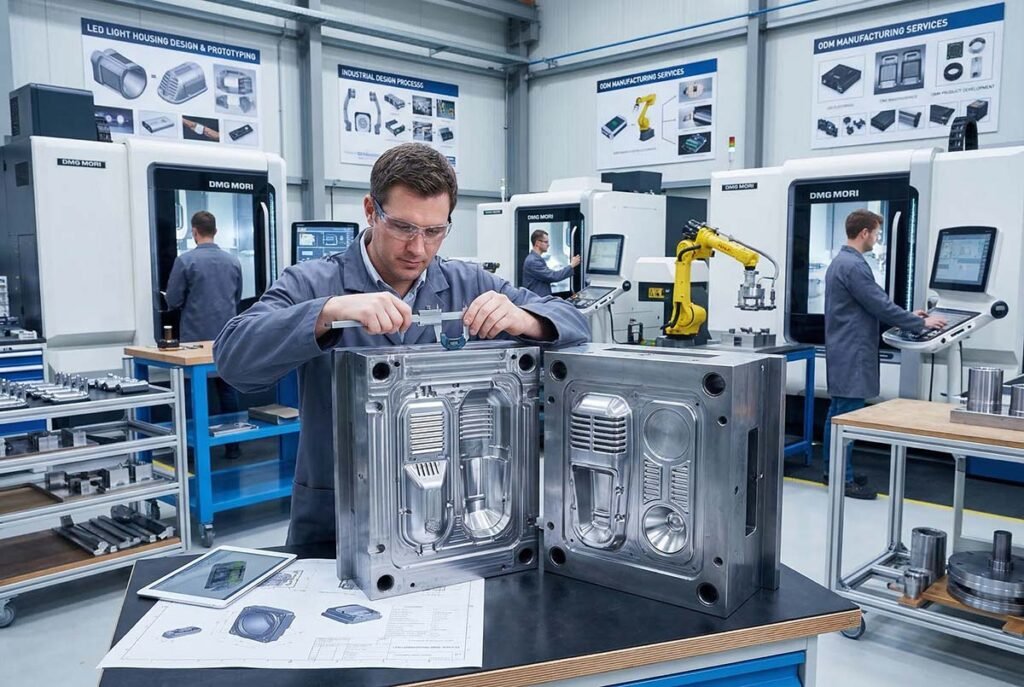 An engineer inspecting a newly machined private mold for a custom LED lighting housing in the DP Light tooling workshop.