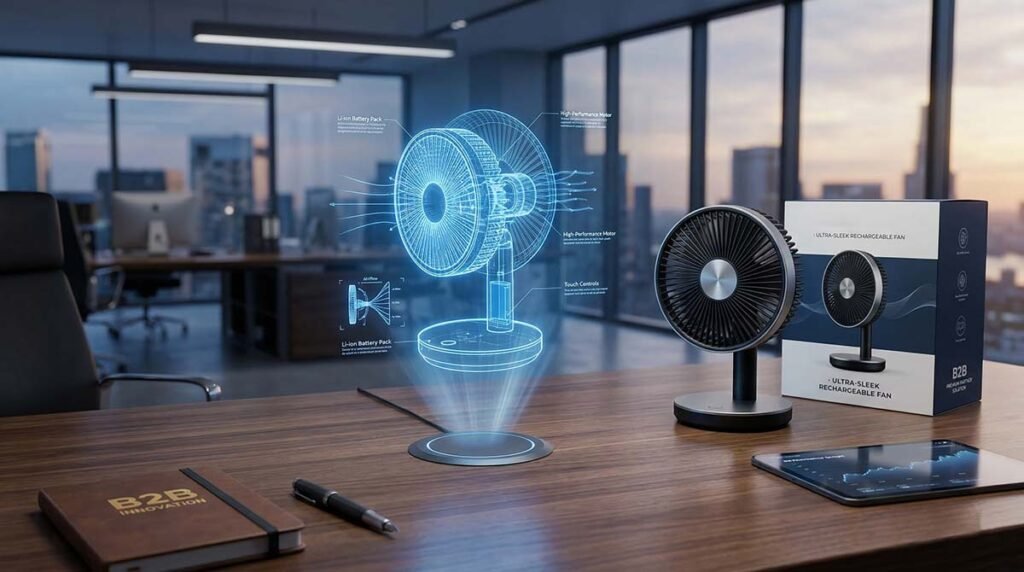 A conceptual split image showing a 3D blueprint of a rechargeable fan turning into a branded, physical product through ODM manufacturing.