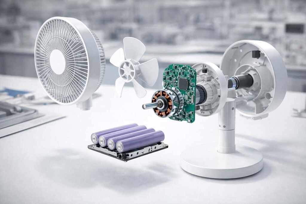 An exploded teardown view of a rechargeable table fan showing the internal PCBA, pure copper motor, and lithium battery cells.