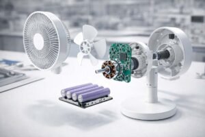An exploded teardown view of a rechargeable table fan showing the internal PCBA, pure copper motor, and lithium battery cells.