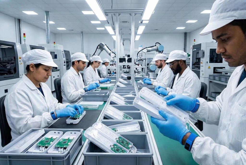 Workers on a clean, local assembly line putting together SKD components for LED emergency lights.
