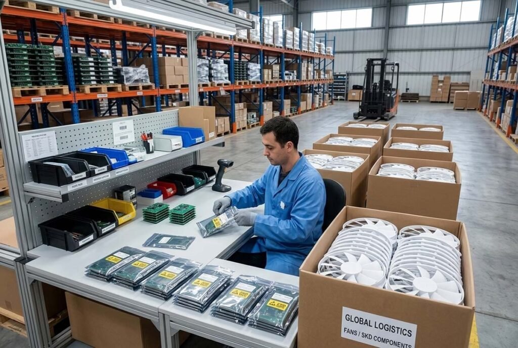 Warehouse worker packing SKD semi-knocked down parts of rechargeable fans securely into a master carton for export.