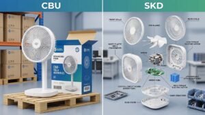 A conceptual split-screen image comparing a fully assembled CBU rechargeable fan with an SKD exploded view showing individual components like batteries and PCBA.
