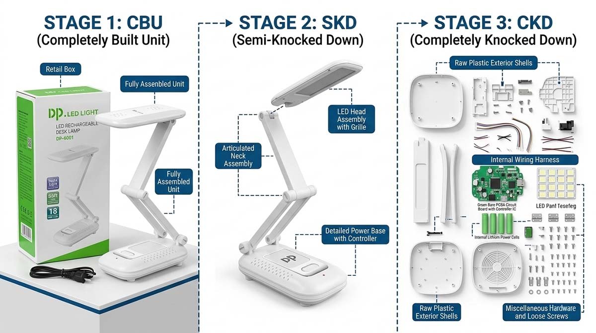 Visual explanation of CBU (Completely Built Up), SKD (Semi-Knocked Down), and CKD (Completely Knocked Down) manufacturing stages.
