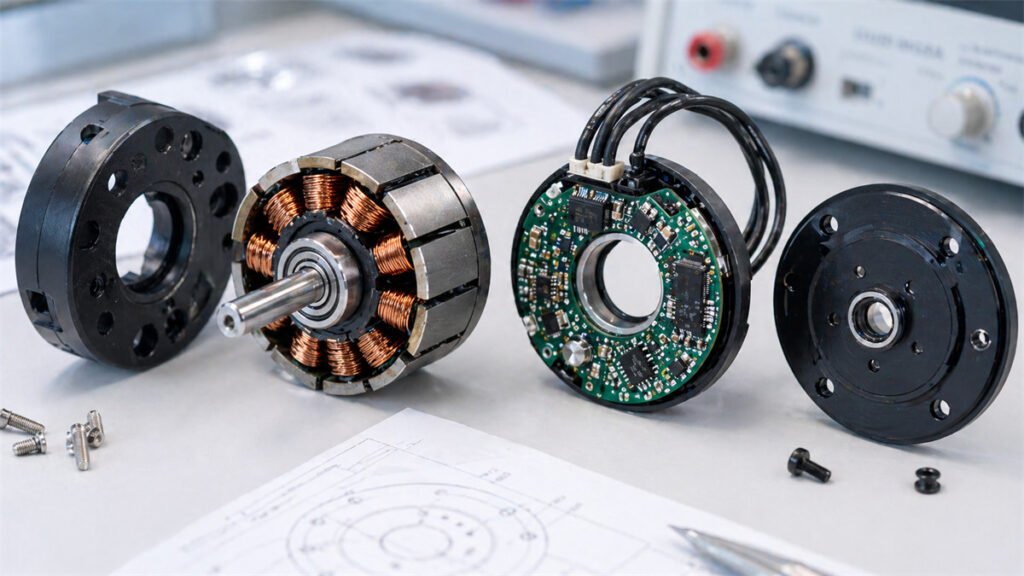 A close-up view of a brushless DC motor showcasing its copper coils and internal electronic components.