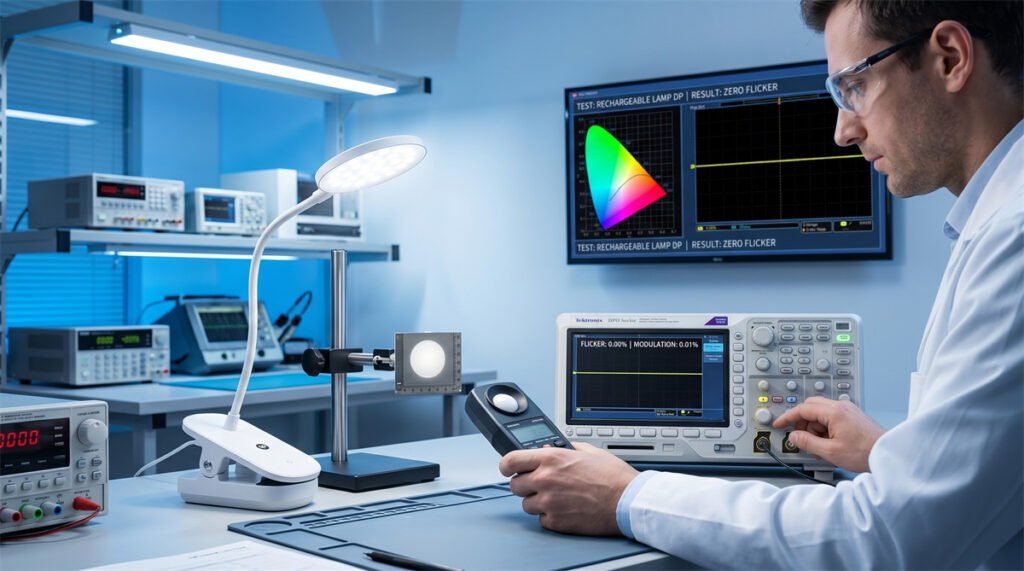 An optical engineer using professional testing equipment to verify the flicker-free performance of a rechargeable desk lamp.