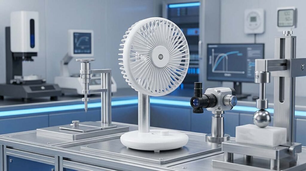 A premium rechargeable fan made of highly durable virgin ABS plastic, demonstrating impact resistance on an industrial desk.