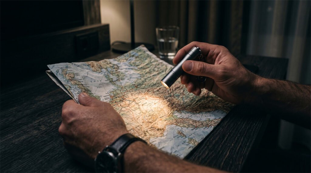 A person in a dimly lit hotel room using a small keychain flashlight to read a map close-up.