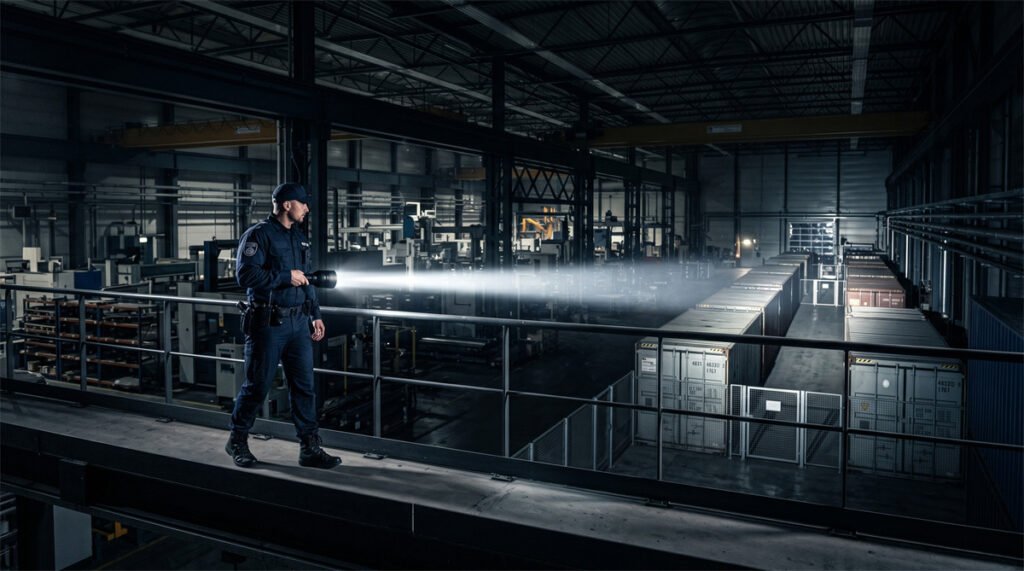 A security officer in a dark industrial facility using a tactical flashlight to inspect distant containers.