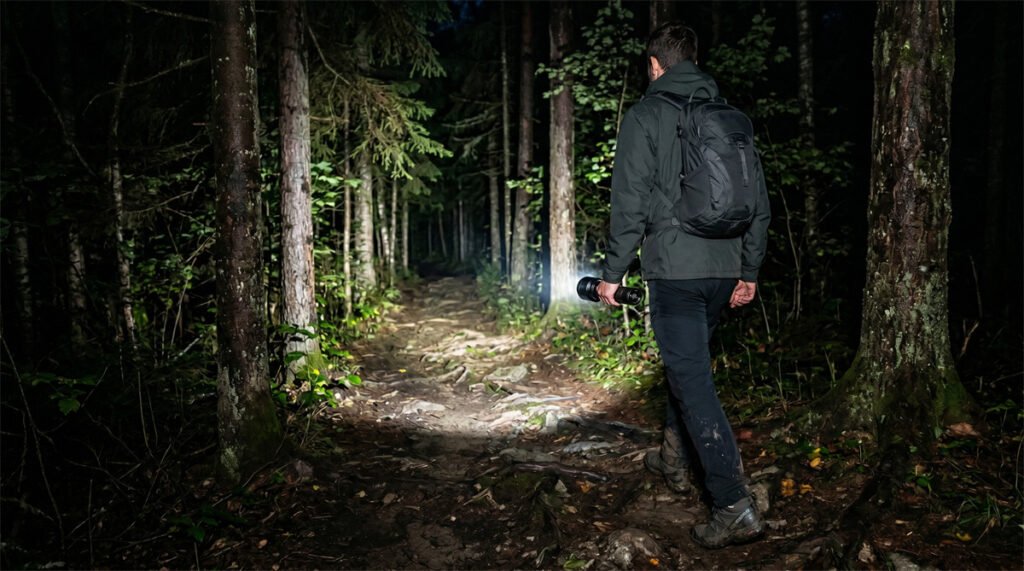 A camper walking on a dark forest path at night using a compact flashlight to illuminate the trail ahead.