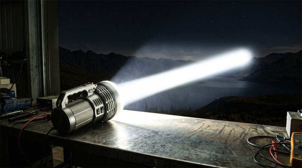 A rescue team member in a rugged mountain area at night using a powerful searchlight to illuminate a distant cliff face.
