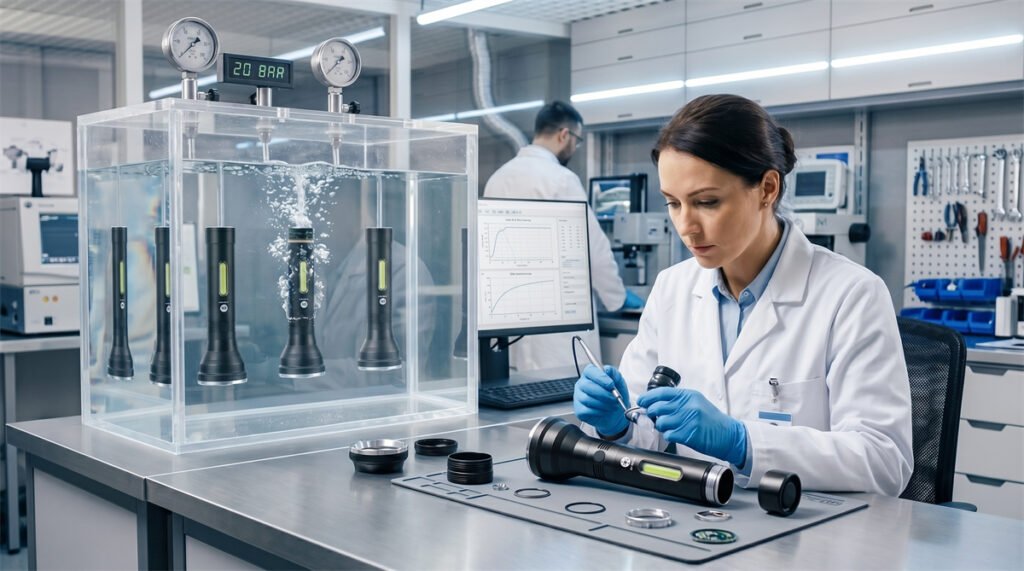 QA engineer testing the water resistance and O-ring seal of an OEM rechargeable flashlight in a modern laboratory.