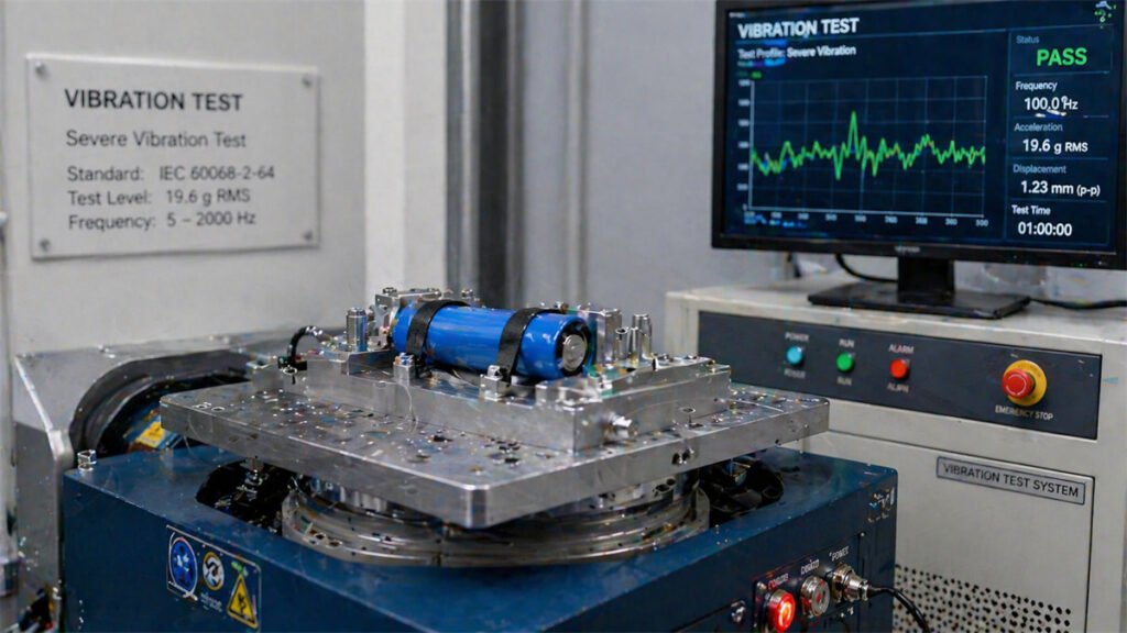 An automated machine tests the vibration resistance of a lithium-ion battery pack used in portable fans.