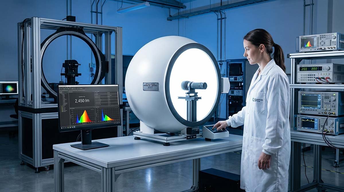 QA engineer using an integrating sphere in a laboratory to measure the exact optical lumen output of a rechargeable flashlight.